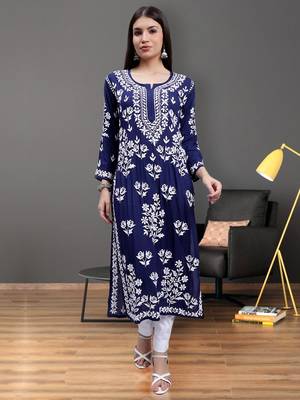 hand embroidered navy blue modal lucknowi chikan kurta 1