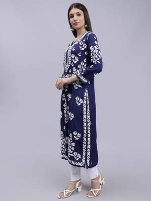 hand embroidered navy blue modal lucknowi chikan kurta 2