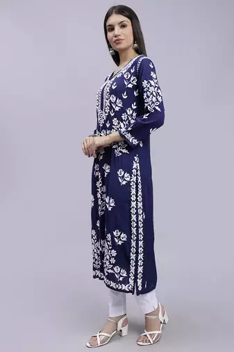 hand embroidered navy blue modal lucknowi chikan kurta