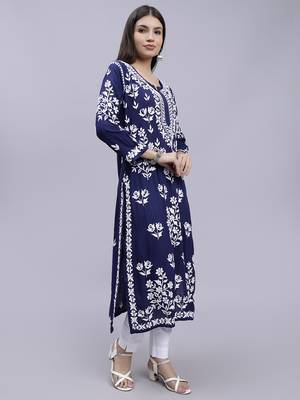 hand embroidered navy blue modal lucknowi chikan kurta 3