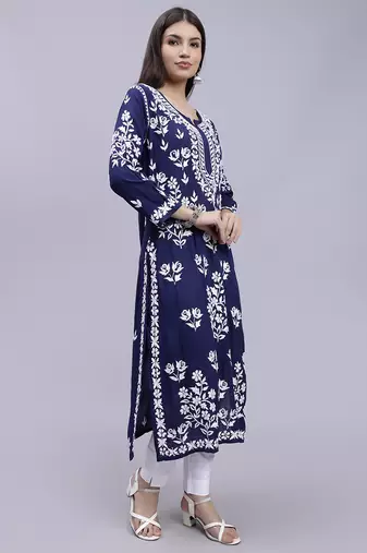 hand embroidered navy blue modal lucknowi chikan kurta