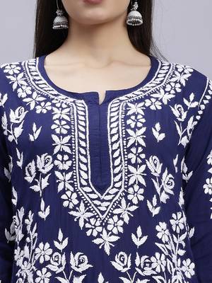 hand embroidered navy blue modal lucknowi chikan kurta 4