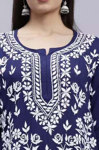 hand embroidered navy blue modal lucknowi chikan kurta