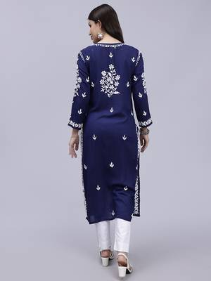 hand embroidered navy blue modal lucknowi chikan kurta 5