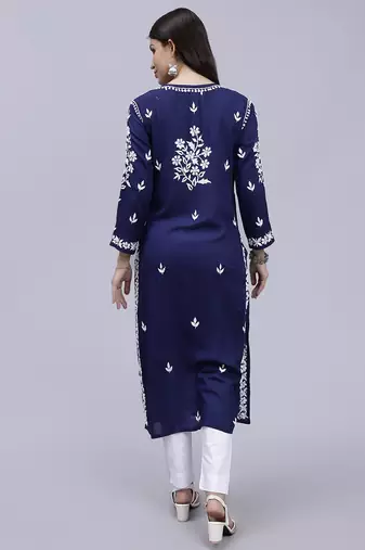 hand embroidered navy blue modal lucknowi chikan kurta