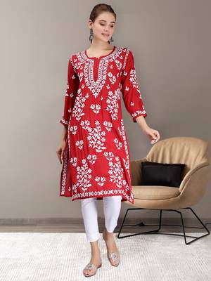 hand embroidered maroon modal lucknowi chikan kurta 1