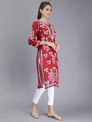 hand embroidered maroon modal lucknowi chikan kurta 2