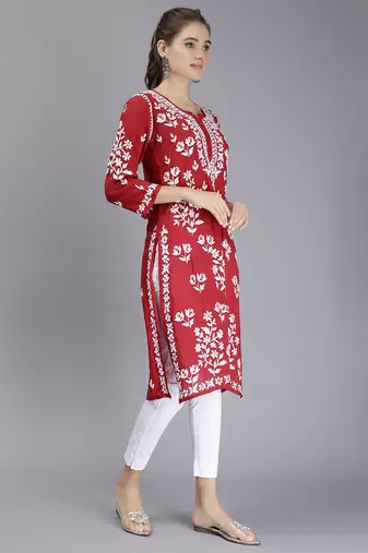 hand embroidered maroon modal lucknowi chikan kurta