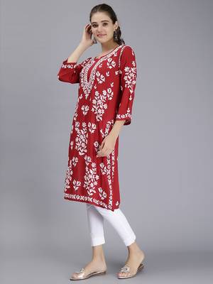 hand embroidered maroon modal lucknowi chikan kurta 3