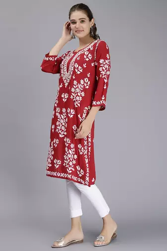 hand embroidered maroon modal lucknowi chikan kurta