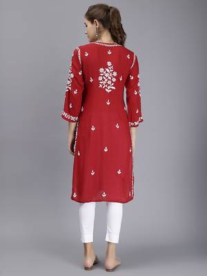 hand embroidered maroon modal lucknowi chikan kurta 4