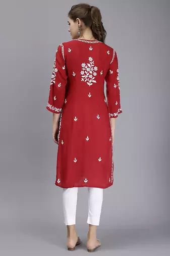 hand embroidered maroon modal lucknowi chikan kurta