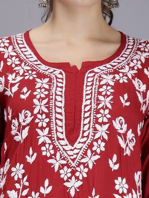 hand embroidered maroon modal lucknowi chikan kurta 5