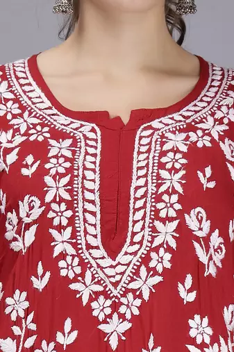 hand embroidered maroon modal lucknowi chikan kurta