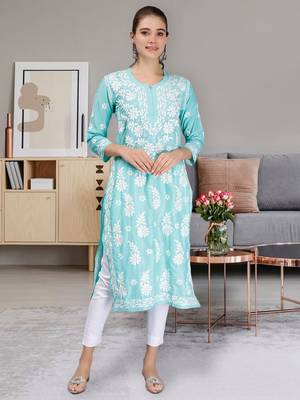 hand embroidered sea green muslin lucknowi chikan kurta 1
