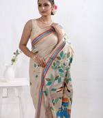Cream Kantha Stitch Pure Silk Saree With Blouse Piece