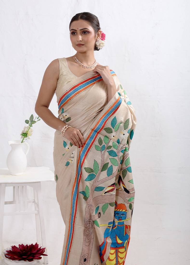 Cream Kantha Stitch Pure Silk Saree With Blouse Piece