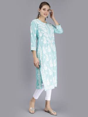 hand embroidered sea green muslin lucknowi chikan kurta 2