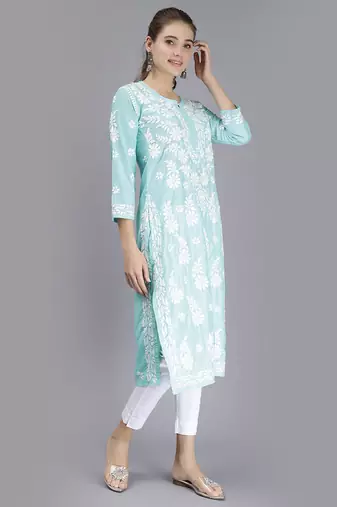 hand embroidered sea green muslin lucknowi chikan kurta