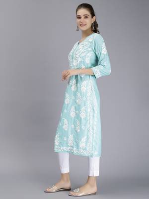 hand embroidered sea green muslin lucknowi chikan kurta 3