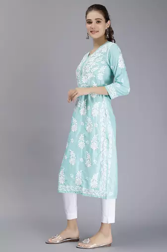 hand embroidered sea green muslin lucknowi chikan kurta