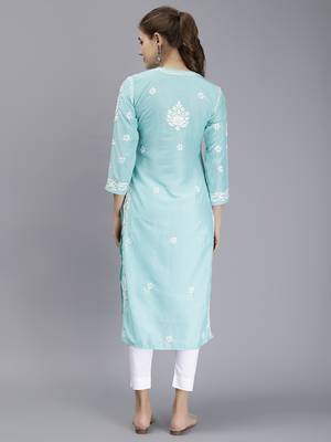 hand embroidered sea green muslin lucknowi chikan kurta 4