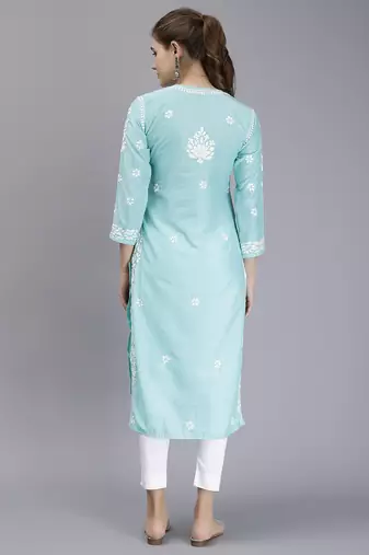hand embroidered sea green muslin lucknowi chikan kurta