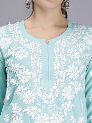 hand embroidered sea green muslin lucknowi chikan kurta 5