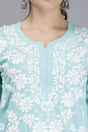 hand embroidered sea green muslin lucknowi chikan kurta