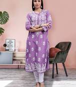 hand embroidered mauve muslin lucknowi chikan kurta
