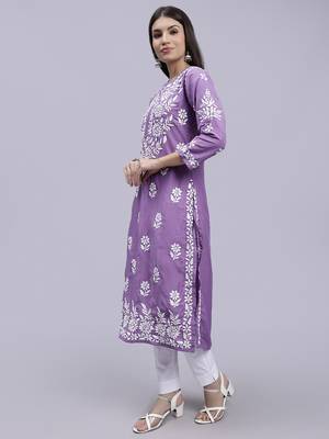 hand embroidered mauve muslin lucknowi chikan kurta 2