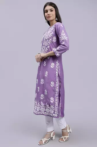 hand embroidered mauve muslin lucknowi chikan kurta