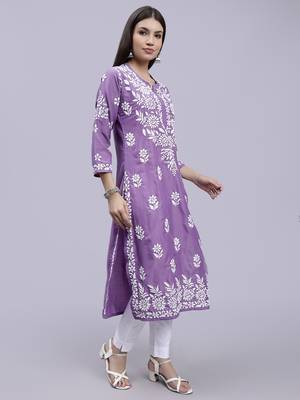 hand embroidered mauve muslin lucknowi chikan kurta 3
