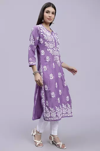hand embroidered mauve muslin lucknowi chikan kurta