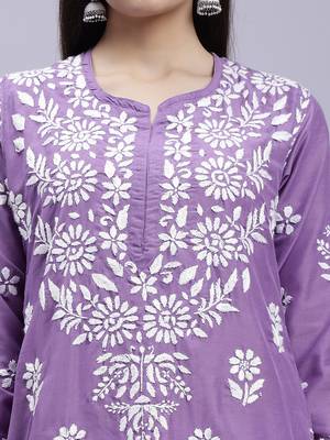 hand embroidered mauve muslin lucknowi chikan kurta 4
