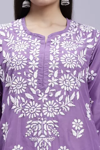 hand embroidered mauve muslin lucknowi chikan kurta