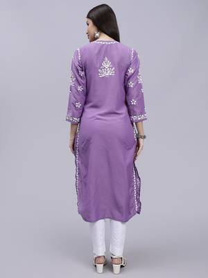 hand embroidered mauve muslin lucknowi chikan kurta 5