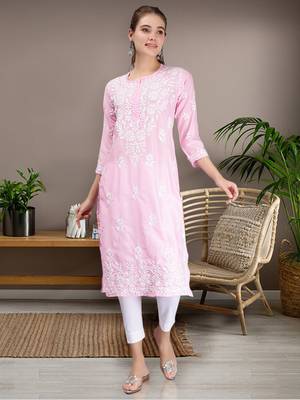 hand embroidered pink muslin lucknowi chikan kurta 1