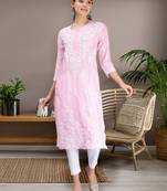 hand embroidered pink muslin lucknowi chikan kurta