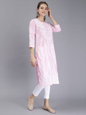 hand embroidered pink muslin lucknowi chikan kurta 2