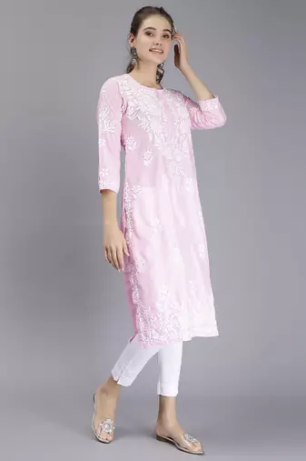 hand embroidered pink muslin lucknowi chikan kurta