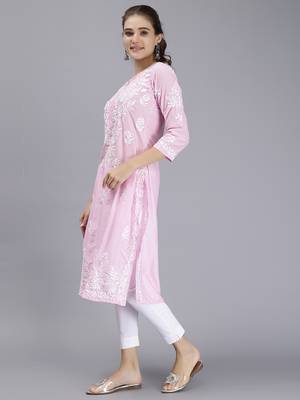 hand embroidered pink muslin lucknowi chikan kurta 3