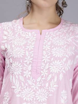 hand embroidered pink muslin lucknowi chikan kurta 5