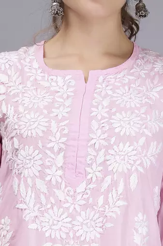 hand embroidered pink muslin lucknowi chikan kurta