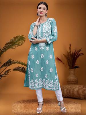 hand embroidered bottle green muslin lucknowi chikan kurta 1