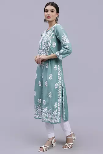 hand embroidered bottle green muslin lucknowi chikan kurta