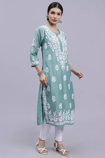 hand embroidered bottle green muslin lucknowi chikan kurta