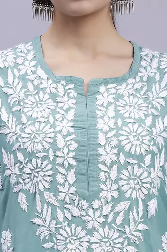 hand embroidered bottle green muslin lucknowi chikan kurta