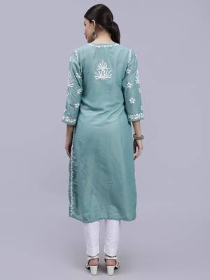 hand embroidered bottle green muslin lucknowi chikan kurta 5