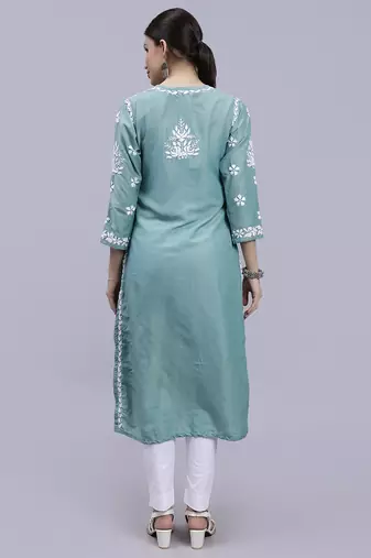hand embroidered bottle green muslin lucknowi chikan kurta